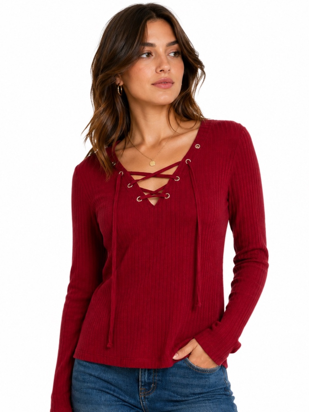 Divided Lace Up Ribbed Long Sleeve Knit Top Boho Red —Size S